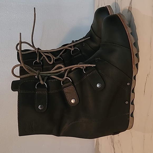Sorel Joan Of Arctic Black Leather Suede Lace-up Wedge Waterproof Mid Boots 11 - Picture 2 of 14